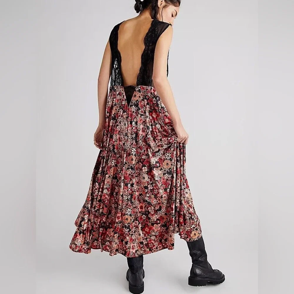 NWT Free People Rare Hideaway Maxi Top Dress Lace Velvet Floral Gothic - Picture 3 of 16